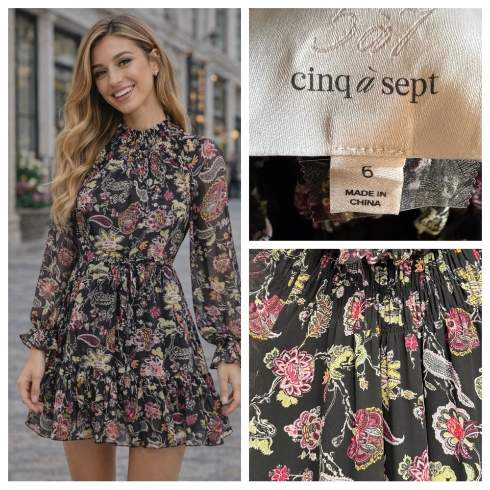 Cinq a Sept Daija Paisley Print Long Sleeve Smocked Mini Dress 6 36065